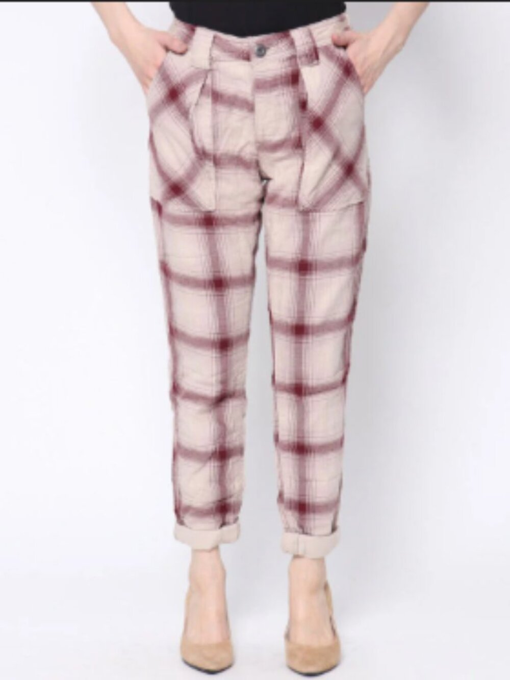 Free People Vintage Y2K/00s Plaid Cropped Pants w/Pockets, Red/Cream - Size 0